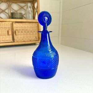 Vintage Blue Bottle Sunburst Hand Blown Glass Decanter Cobalt